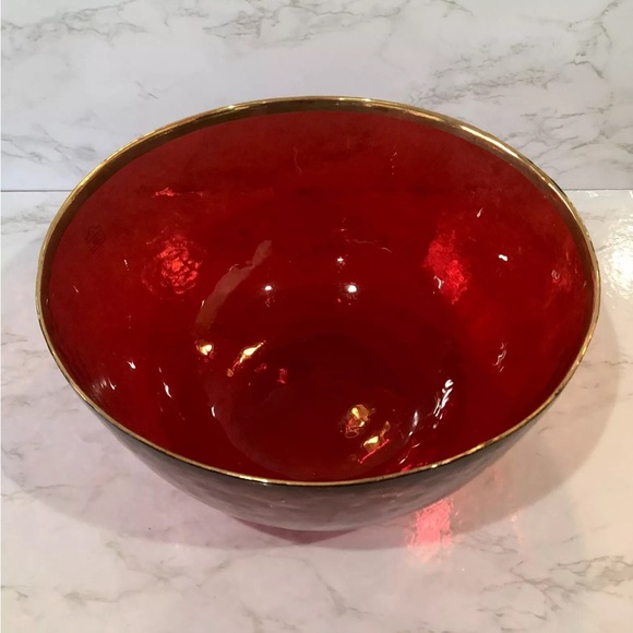 Huge NWT 10 Strawberry St. Red Textured Glass Oversized Serving Bowl w/Gold Trim - Picture 3 of 9